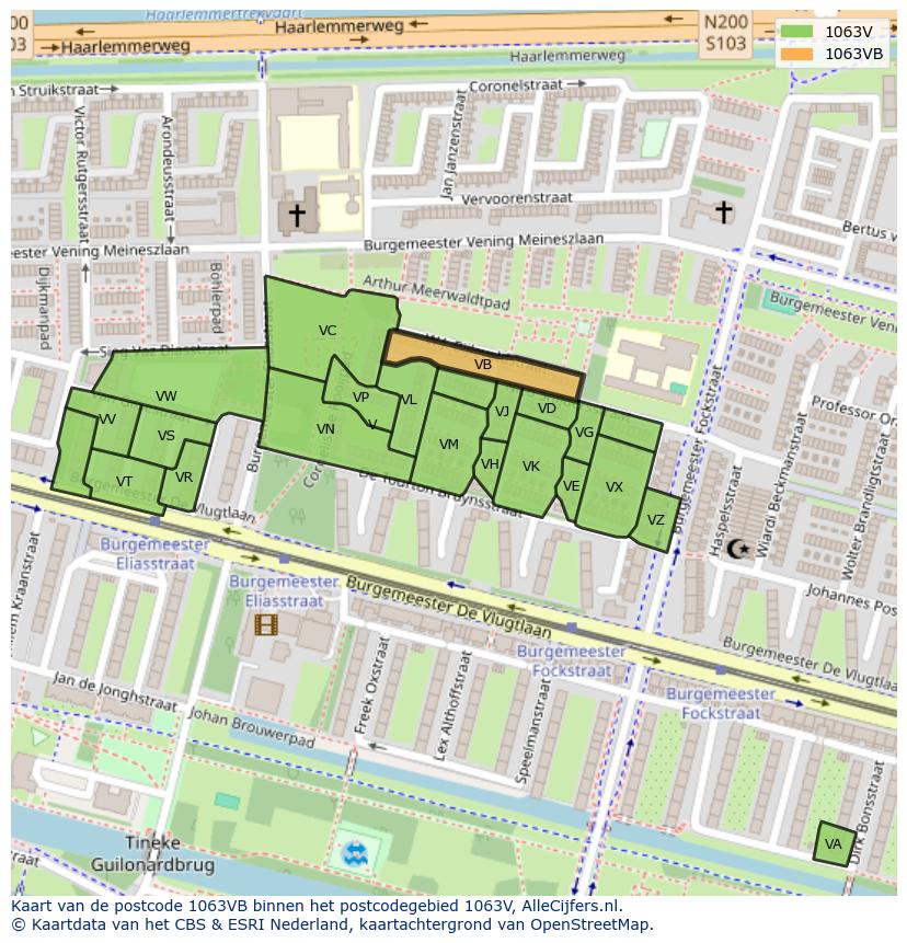 Afbeelding van het postcodegebied 1063 VB op de kaart.