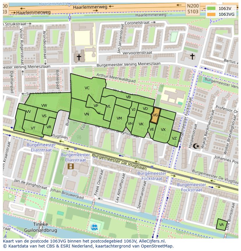 Afbeelding van het postcodegebied 1063 VG op de kaart.