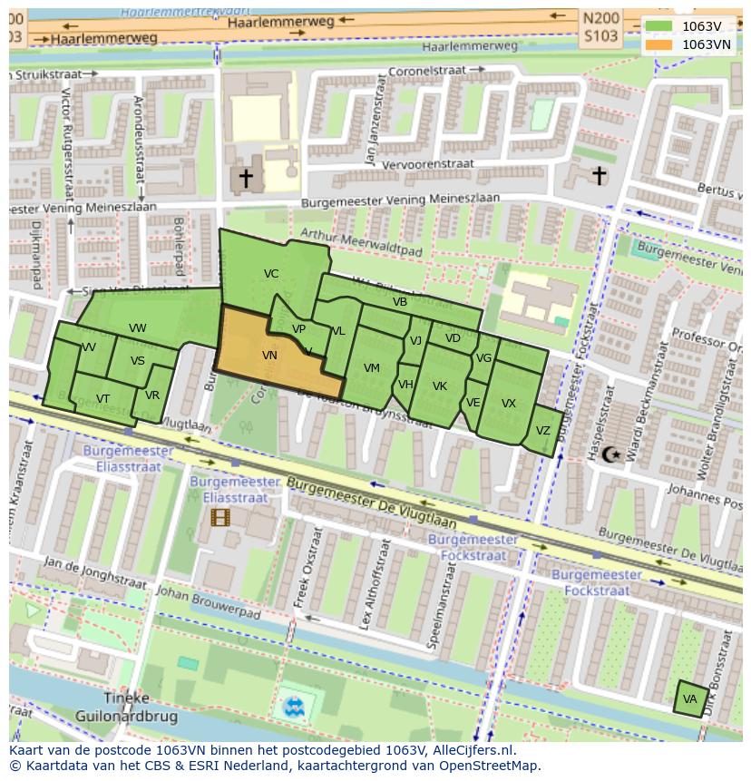 Afbeelding van het postcodegebied 1063 VN op de kaart.