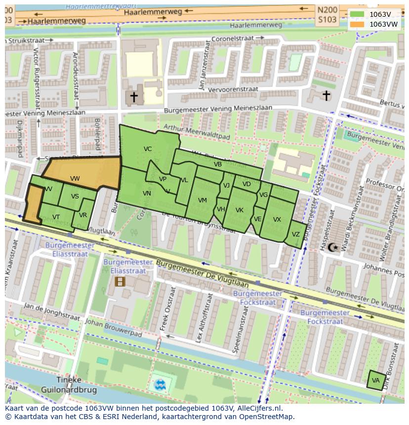 Afbeelding van het postcodegebied 1063 VW op de kaart.