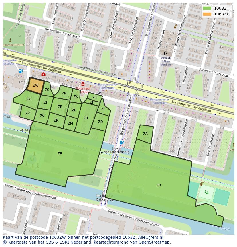 Afbeelding van het postcodegebied 1063 ZW op de kaart.
