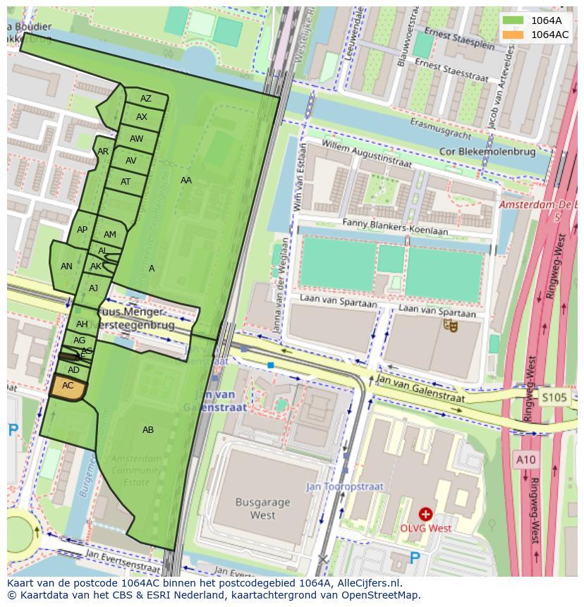 Afbeelding van het postcodegebied 1064 AC op de kaart.