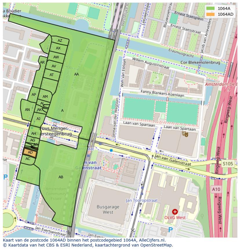 Afbeelding van het postcodegebied 1064 AD op de kaart.