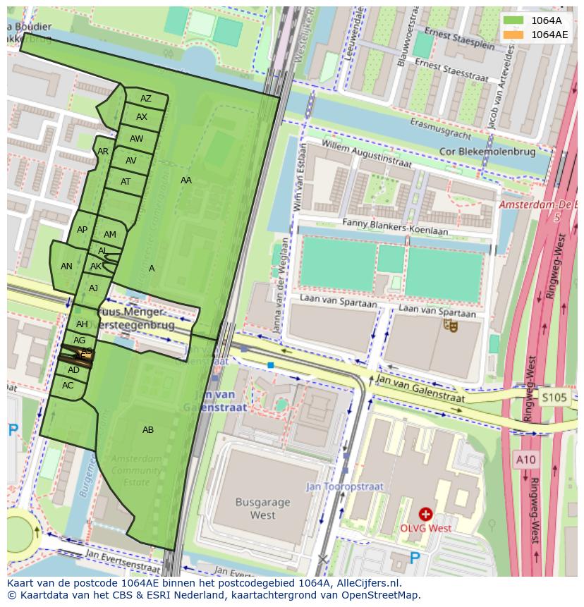 Afbeelding van het postcodegebied 1064 AE op de kaart.