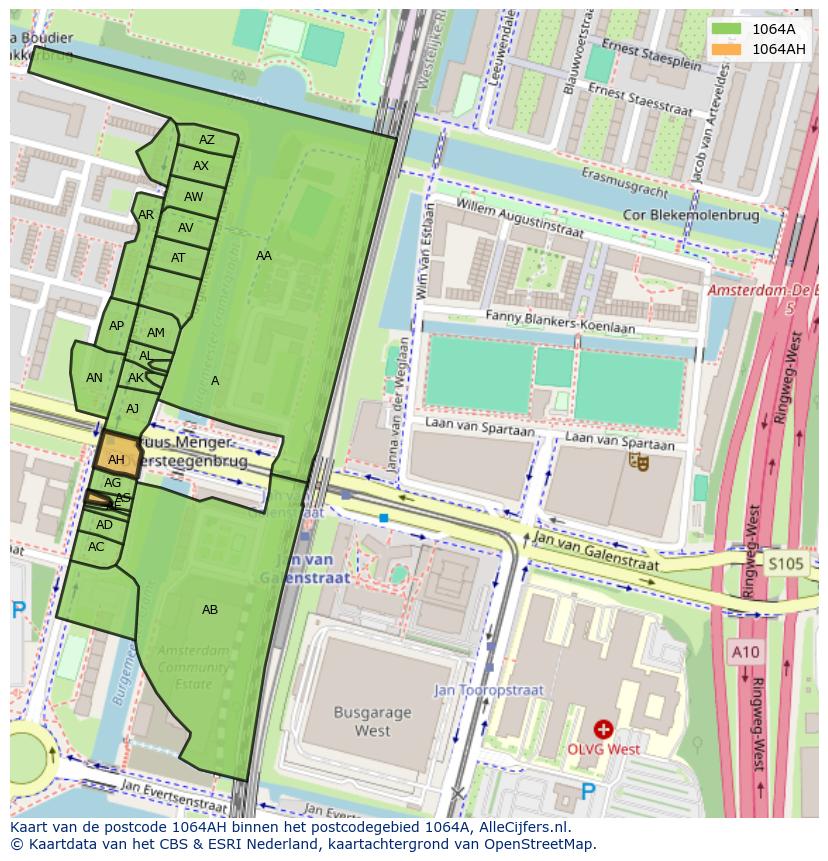 Afbeelding van het postcodegebied 1064 AH op de kaart.