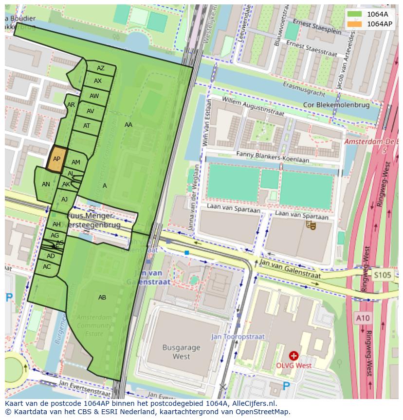 Afbeelding van het postcodegebied 1064 AP op de kaart.