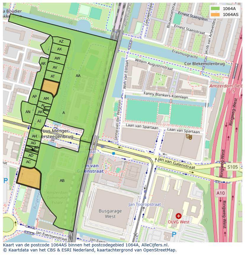 Afbeelding van het postcodegebied 1064 AS op de kaart.