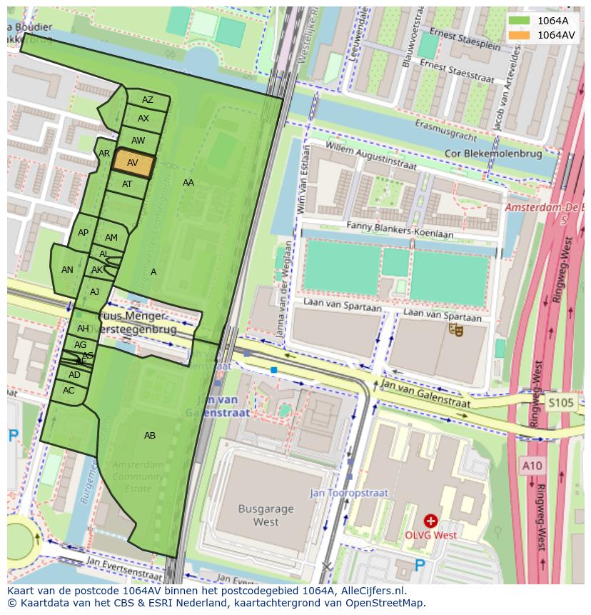 Afbeelding van het postcodegebied 1064 AV op de kaart.