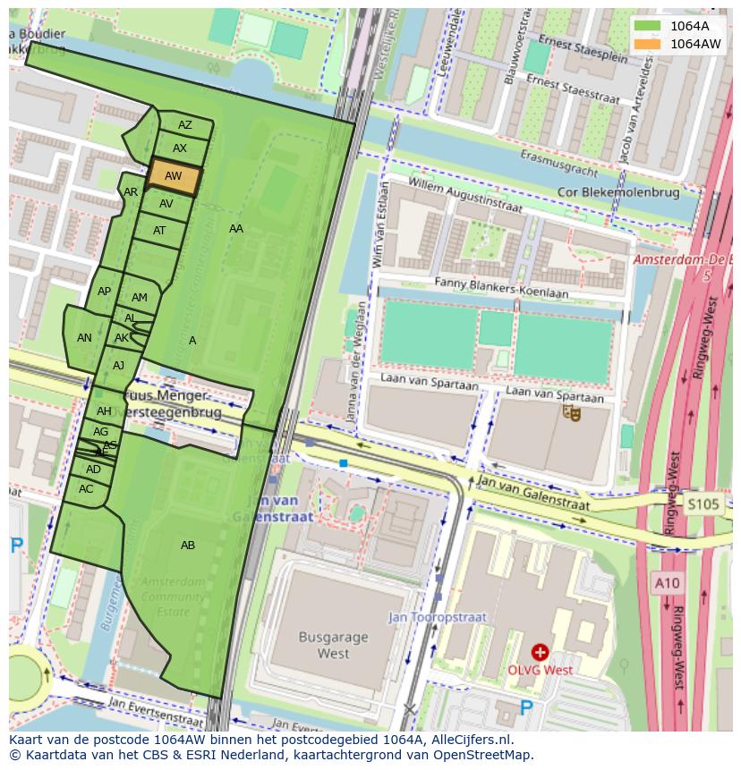 Afbeelding van het postcodegebied 1064 AW op de kaart.