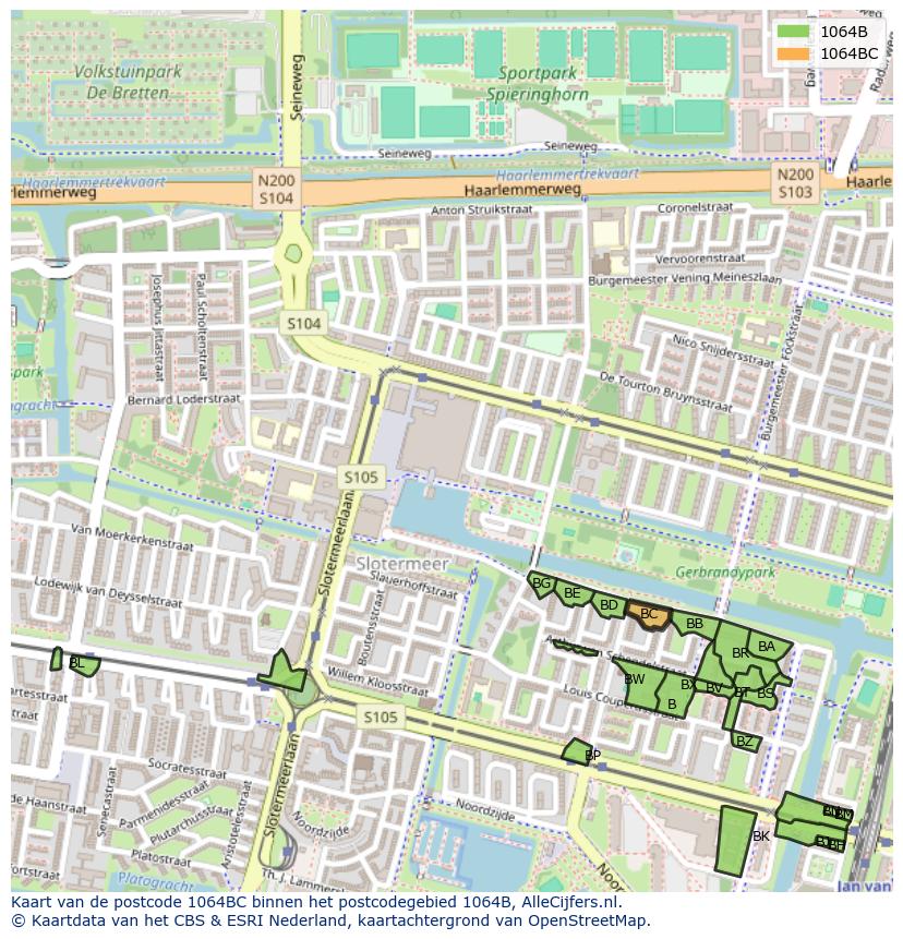 Afbeelding van het postcodegebied 1064 BC op de kaart.