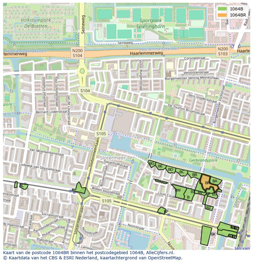 Afbeelding van het postcodegebied 1064 BR op de kaart.