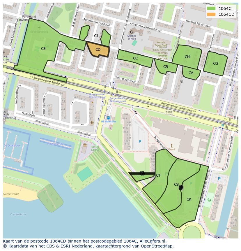 Afbeelding van het postcodegebied 1064 CD op de kaart.