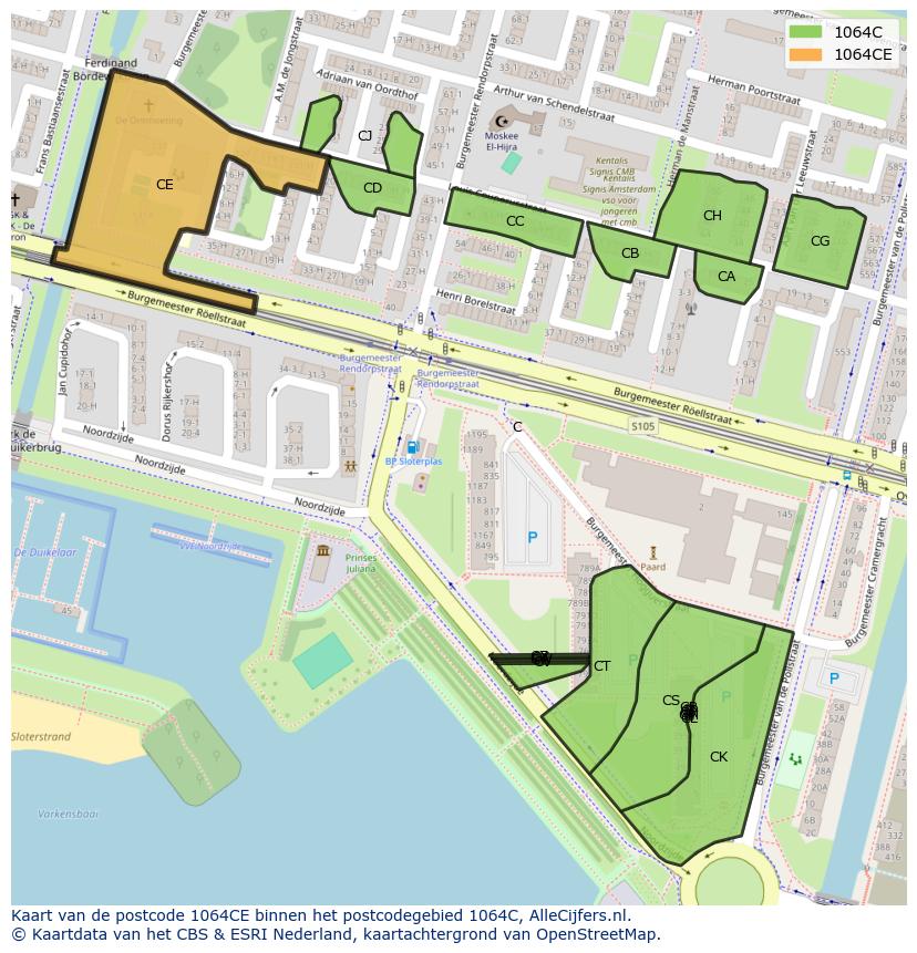 Afbeelding van het postcodegebied 1064 CE op de kaart.