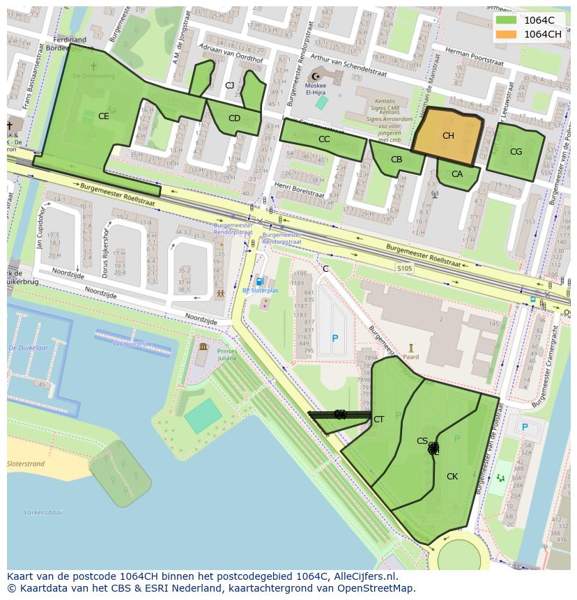 Afbeelding van het postcodegebied 1064 CH op de kaart.