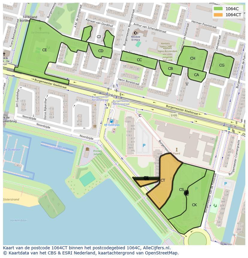 Afbeelding van het postcodegebied 1064 CT op de kaart.