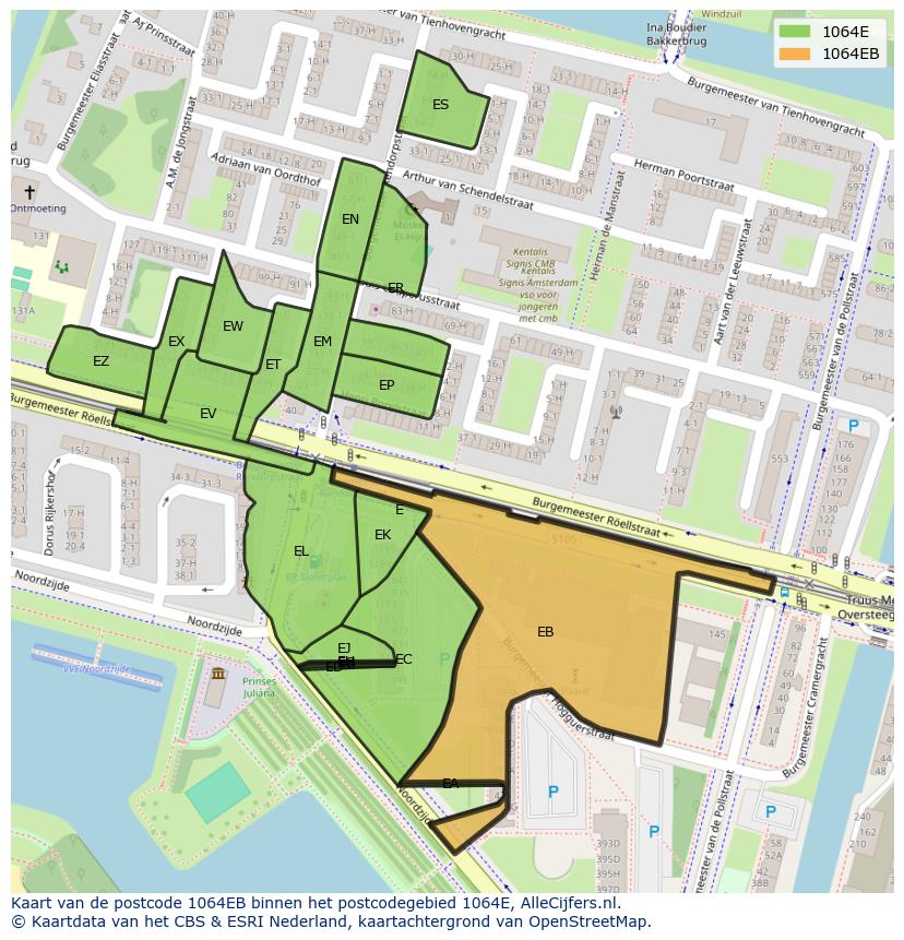 Afbeelding van het postcodegebied 1064 EB op de kaart.