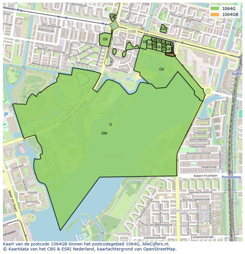Afbeelding van het postcodegebied 1064 GB op de kaart.