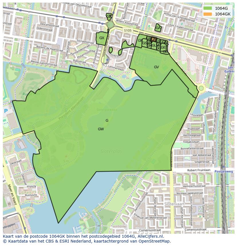 Afbeelding van het postcodegebied 1064 GK op de kaart.