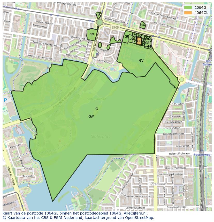 Afbeelding van het postcodegebied 1064 GL op de kaart.