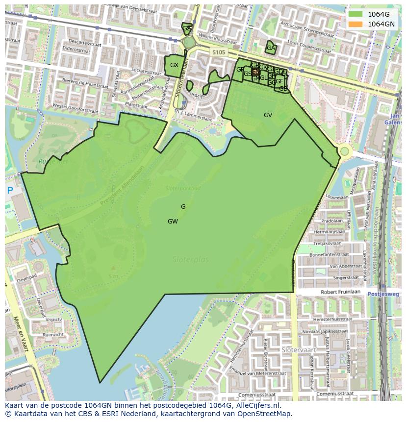 Afbeelding van het postcodegebied 1064 GN op de kaart.
