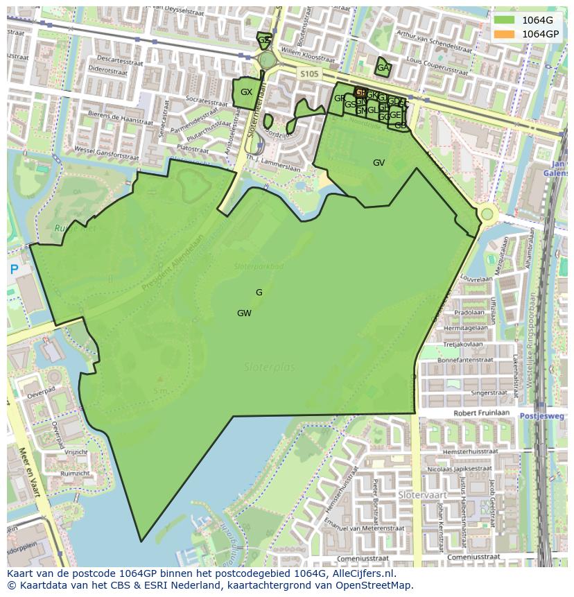 Afbeelding van het postcodegebied 1064 GP op de kaart.
