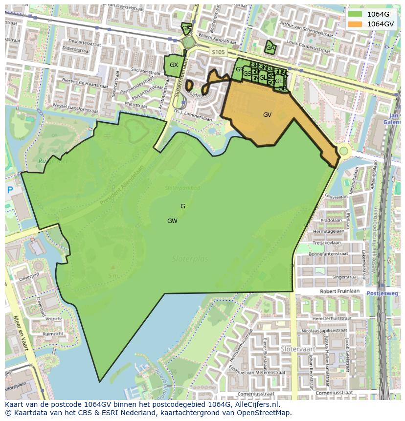 Afbeelding van het postcodegebied 1064 GV op de kaart.