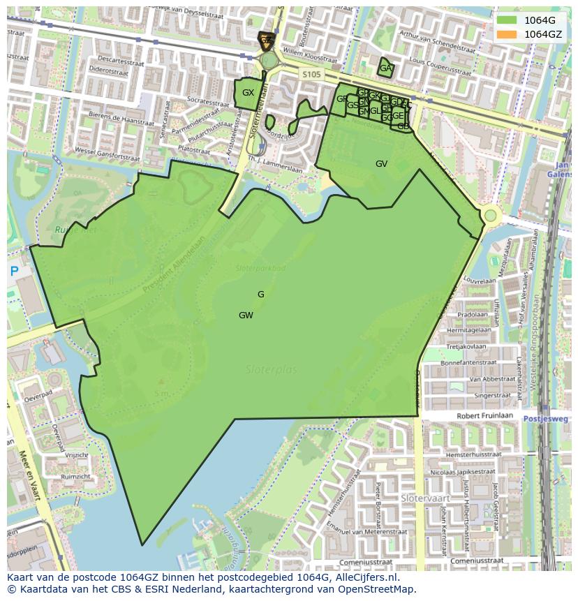 Afbeelding van het postcodegebied 1064 GZ op de kaart.