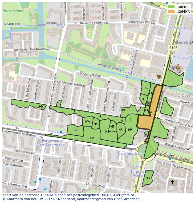 Afbeelding van het postcodegebied 1064 HA op de kaart.