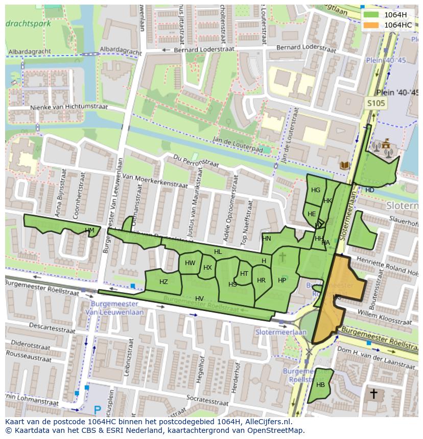 Afbeelding van het postcodegebied 1064 HC op de kaart.