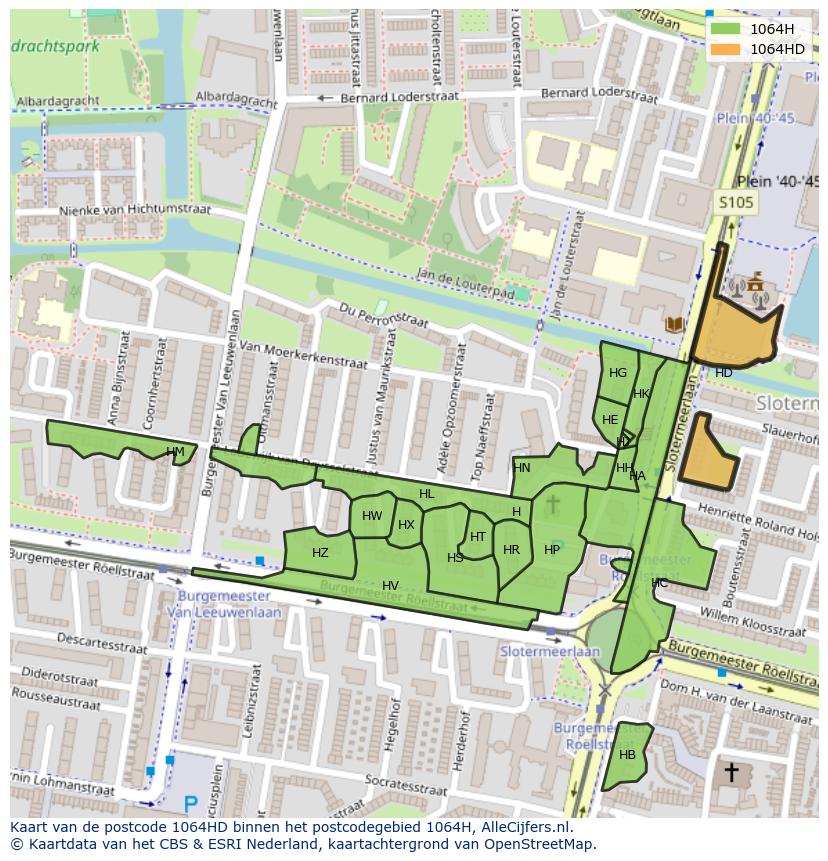 Afbeelding van het postcodegebied 1064 HD op de kaart.