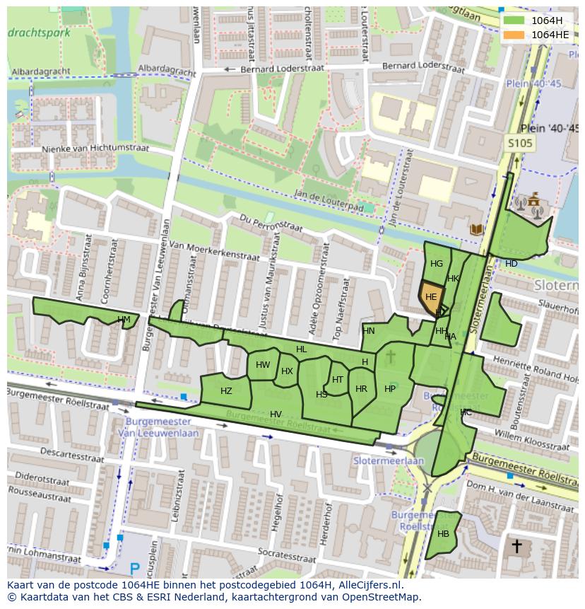 Afbeelding van het postcodegebied 1064 HE op de kaart.