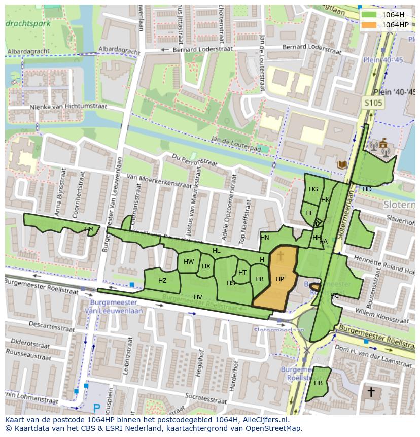 Afbeelding van het postcodegebied 1064 HP op de kaart.