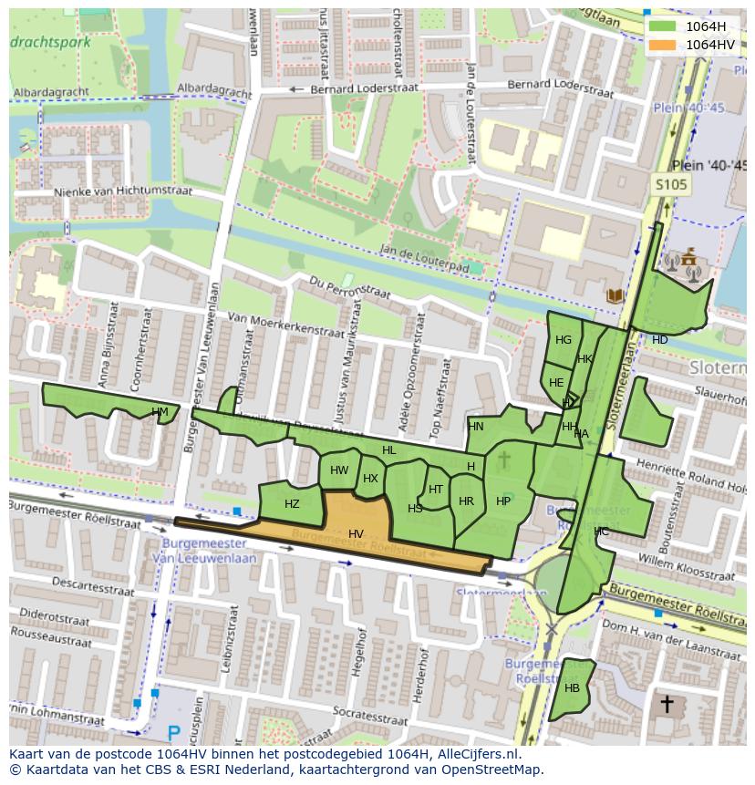 Afbeelding van het postcodegebied 1064 HV op de kaart.