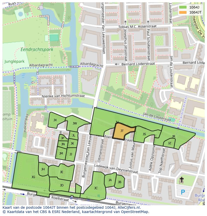 Afbeelding van het postcodegebied 1064 JT op de kaart.