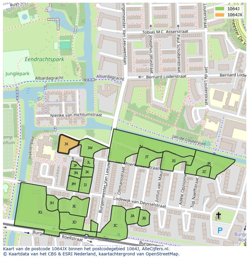 Afbeelding van het postcodegebied 1064 JX op de kaart.