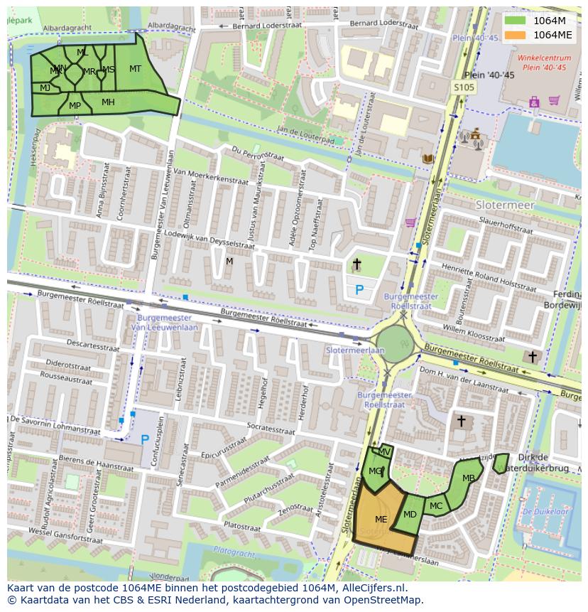 Afbeelding van het postcodegebied 1064 ME op de kaart.