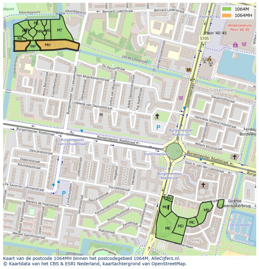 Afbeelding van het postcodegebied 1064 MH op de kaart.
