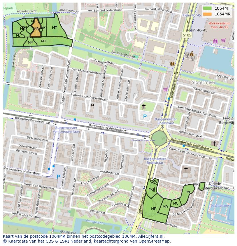 Afbeelding van het postcodegebied 1064 MR op de kaart.
