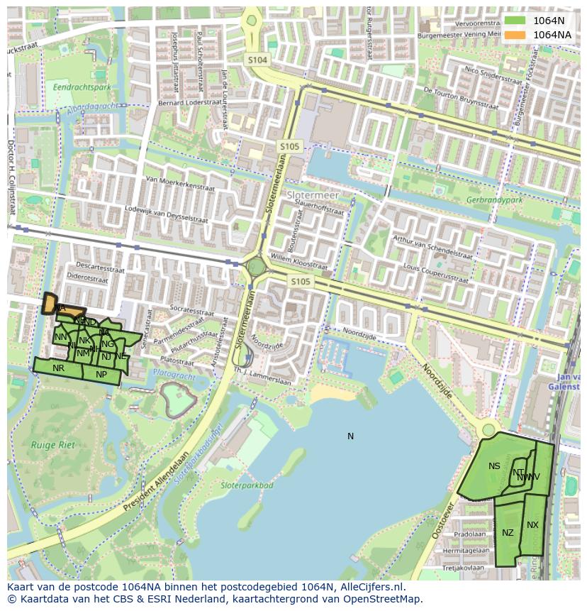 Afbeelding van het postcodegebied 1064 NA op de kaart.