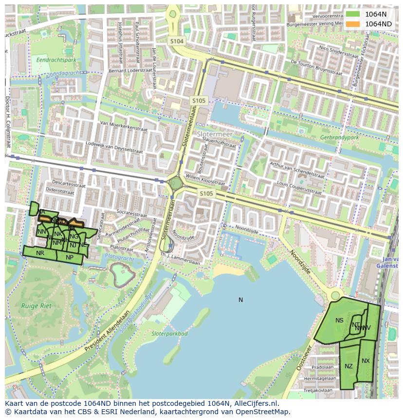 Afbeelding van het postcodegebied 1064 ND op de kaart.