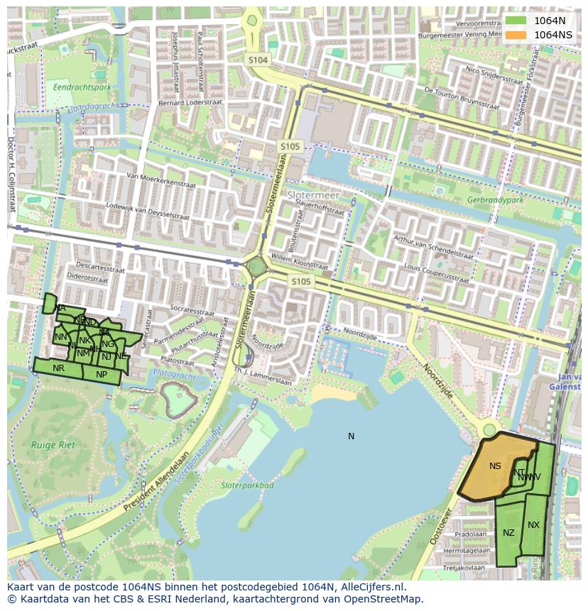 Afbeelding van het postcodegebied 1064 NS op de kaart.