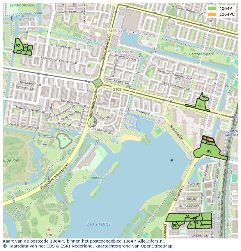 Afbeelding van het postcodegebied 1064 PC op de kaart.