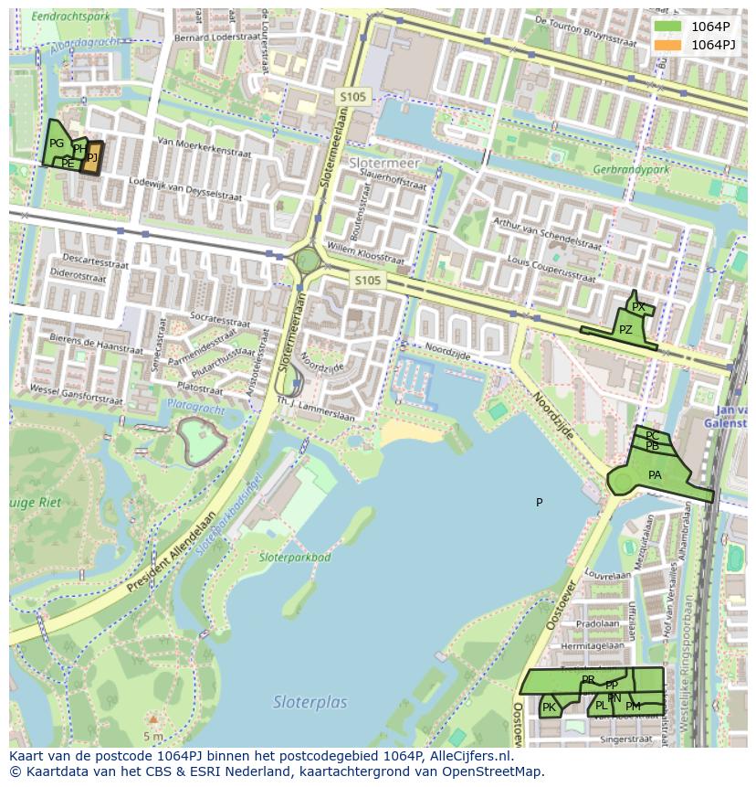 Afbeelding van het postcodegebied 1064 PJ op de kaart.