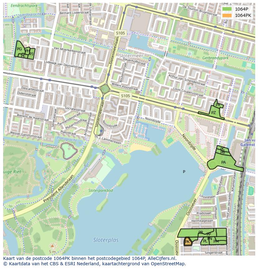 Afbeelding van het postcodegebied 1064 PK op de kaart.