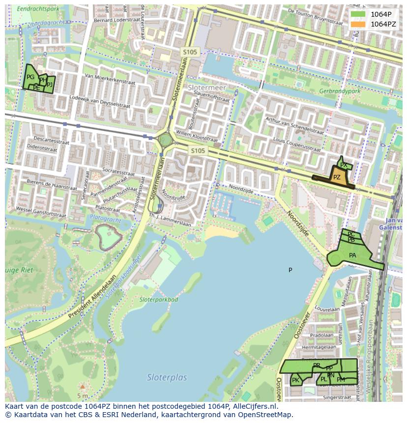 Afbeelding van het postcodegebied 1064 PZ op de kaart.