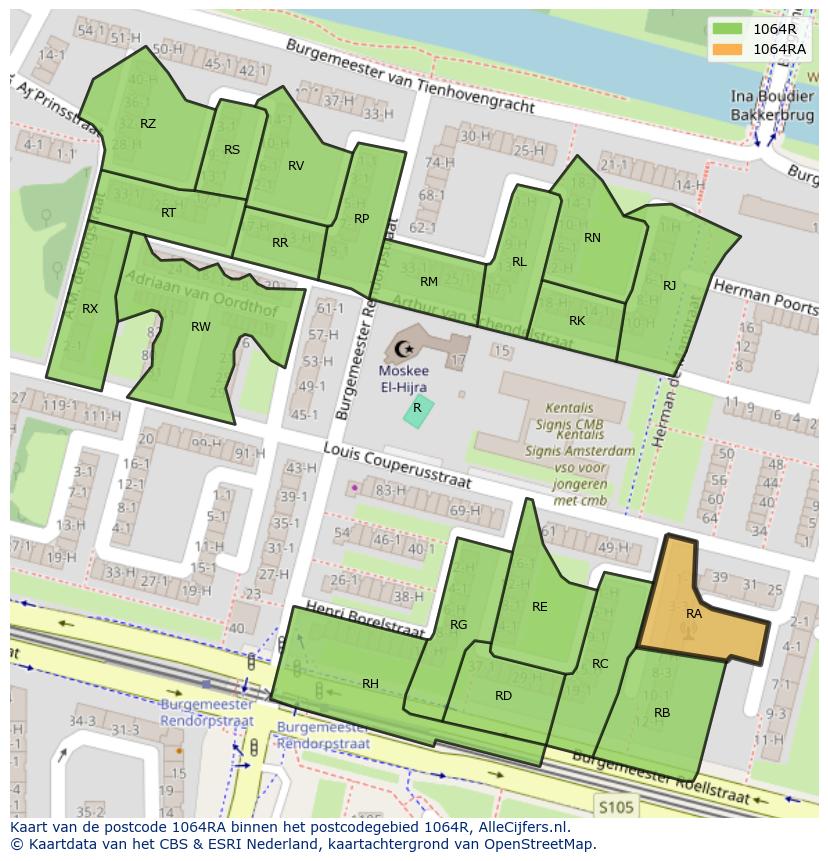 Afbeelding van het postcodegebied 1064 RA op de kaart.