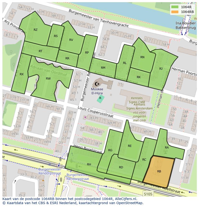 Afbeelding van het postcodegebied 1064 RB op de kaart.