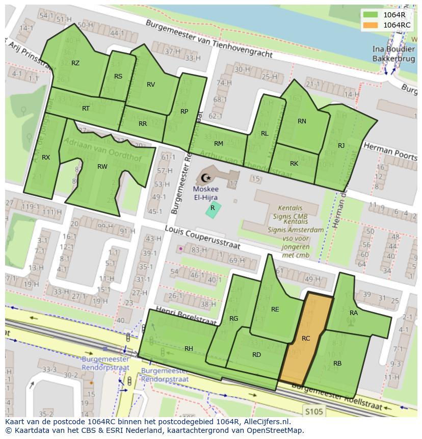 Afbeelding van het postcodegebied 1064 RC op de kaart.