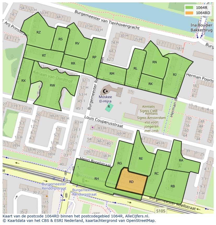 Afbeelding van het postcodegebied 1064 RD op de kaart.