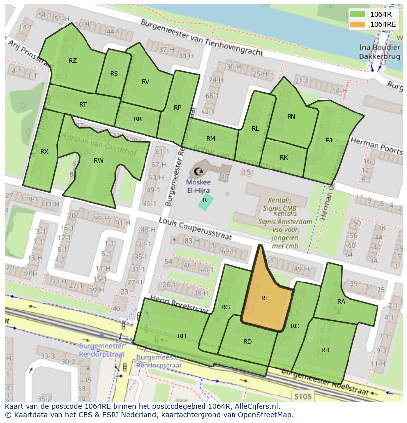 Afbeelding van het postcodegebied 1064 RE op de kaart.